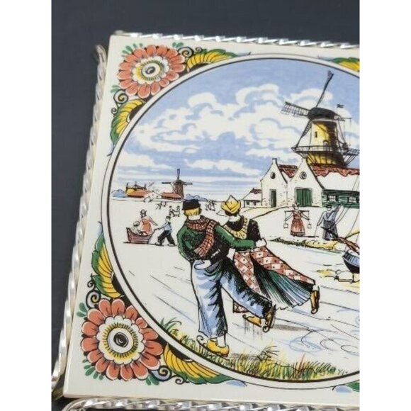 Delft Poly Schoonhoven Keramiek Holland I Windmill winter Tile Art Trivet - Picture 4 of 6